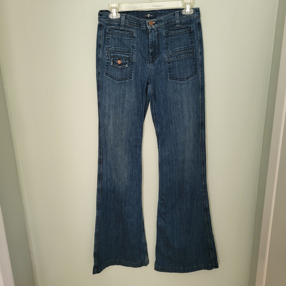 7 For All Mankind Women 26 flare Front Patch Pockets Stretch Blue Denim‎ Jeans